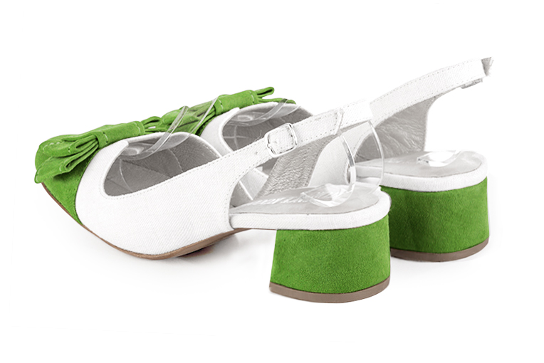 Grass green and pure white women's open back shoes, with a knot. Round toe. Low flare heels. Rear view - Florence KOOIJMAN